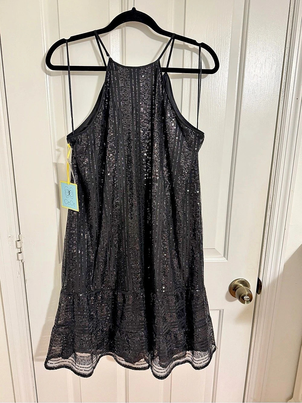CeCe Black Sequin Halter Neck Mini Dress Size M